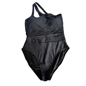 Black One‎ Shoulder One-Piece Swimsuit with Mesh Detail - Women's LARGE